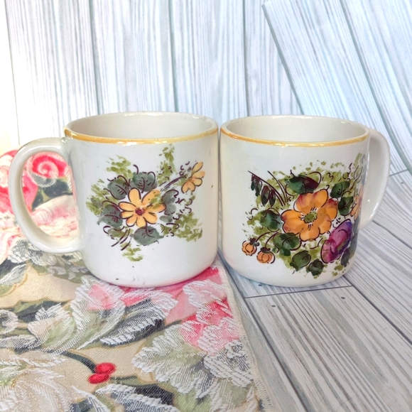 Vintage Hand Painted In Brazil, Pair of Floral Ceramic Mugs, Brazilian Artists - Picture 1 of 15